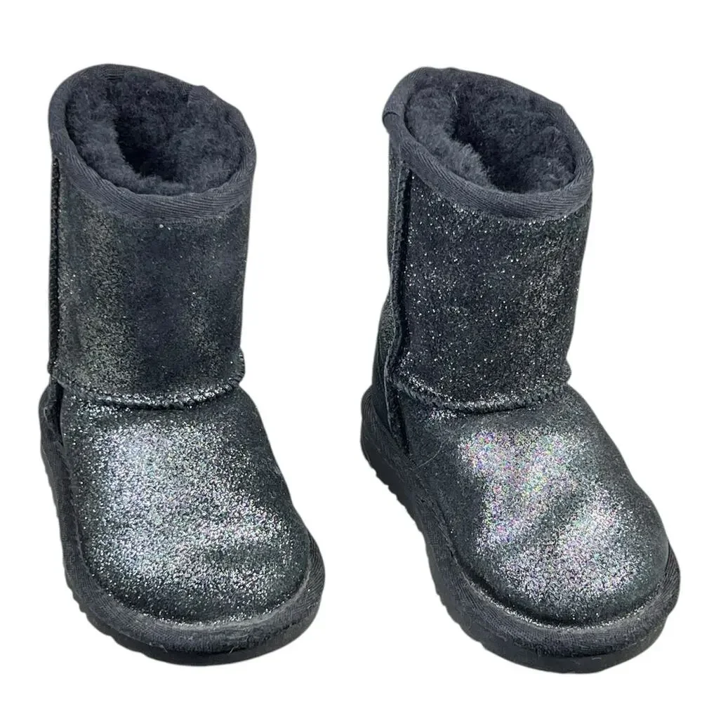 UGG Kids Classic Metallic Black Glitter Winter Snow Boot Size US 6